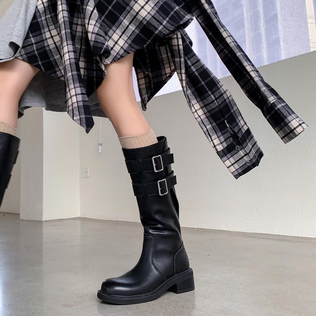 European and American Fashion Simple Cow Flip Knight Boots 2025 Autumn and Winter New Round Head Thick Heel Belt Buckle But Knee Boots