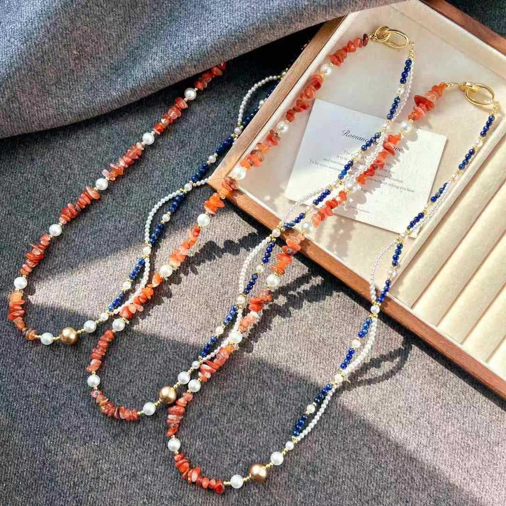 Vintage Artificial Crystal Pearl Natural Lapis Lazuli Nanhong Double Necklace Collarbone Chain