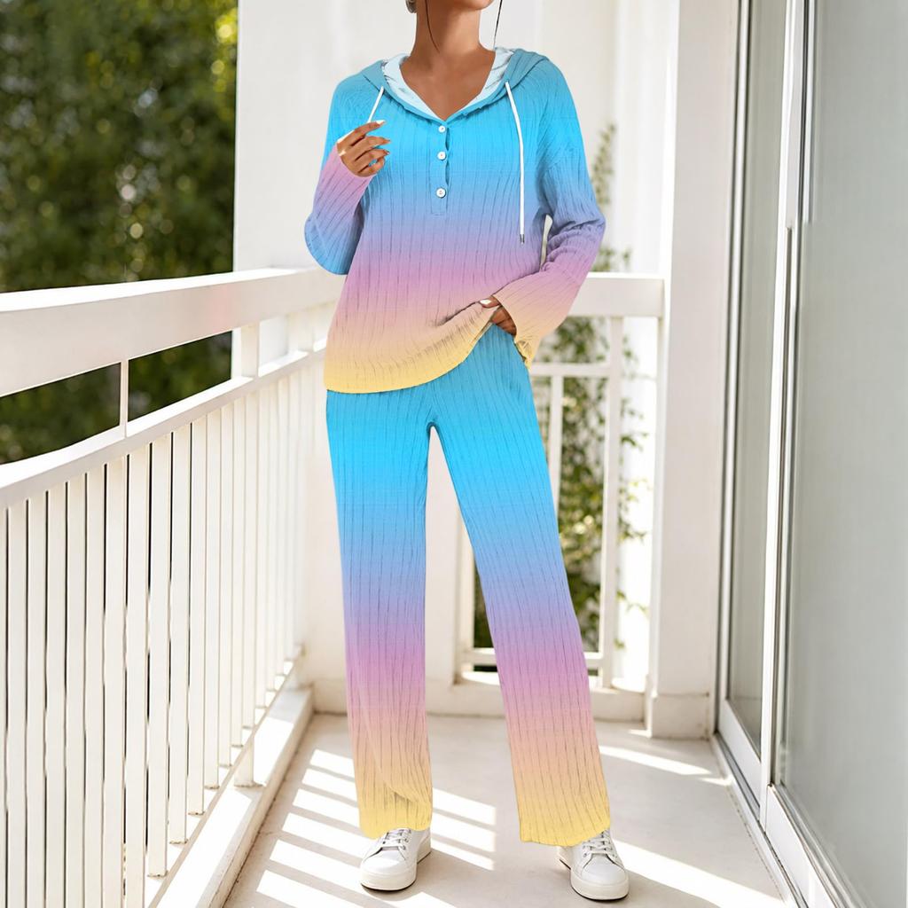Women's Casual V-Neck Printed Hooded Pajama Set with Pockets Long Sleeve Loose Fit Loungewear
