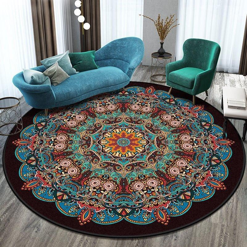 Round Area Rug With Mandala Style Geometric Floral Patterns In Vibrant Colors Boho Chic Style Soft Durable Floor Decor