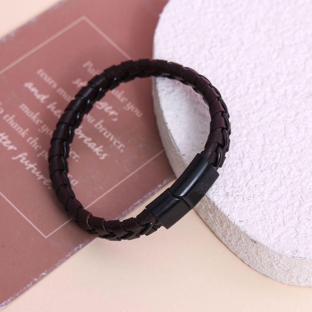 Men's Titanium Steel Woven Leather Bracelet: European-American Style, Korean Trend, Simple Bangle