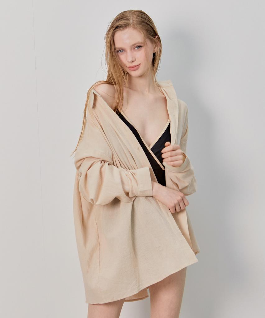 Bikini Bender Simple Loose Fit Long Sleeve Shirt Cover-Up - Beige