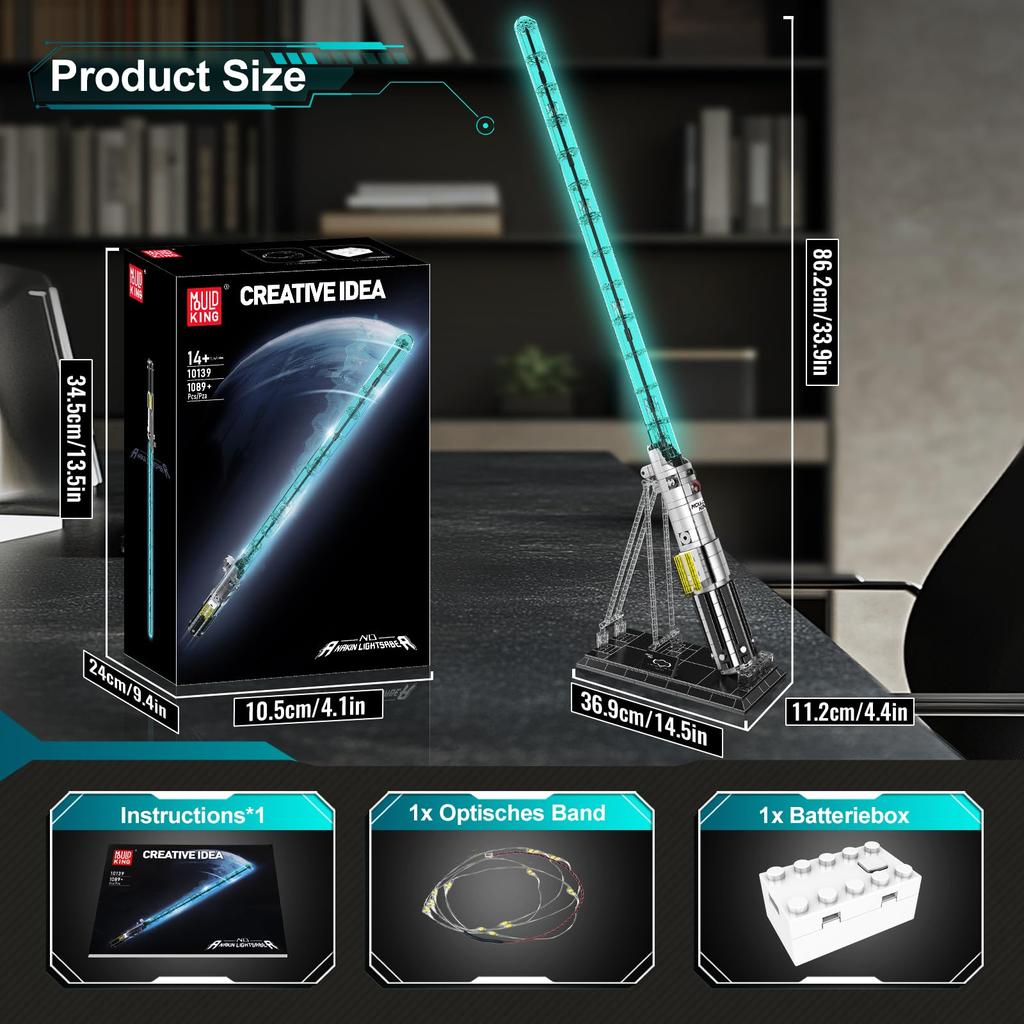 Mould King 10139 Lightsaber Sword Building Block Set with Stand, Rechargeable LED Light Sword for Adults and Kids, Birthday, Thanksgiving, Christmas,