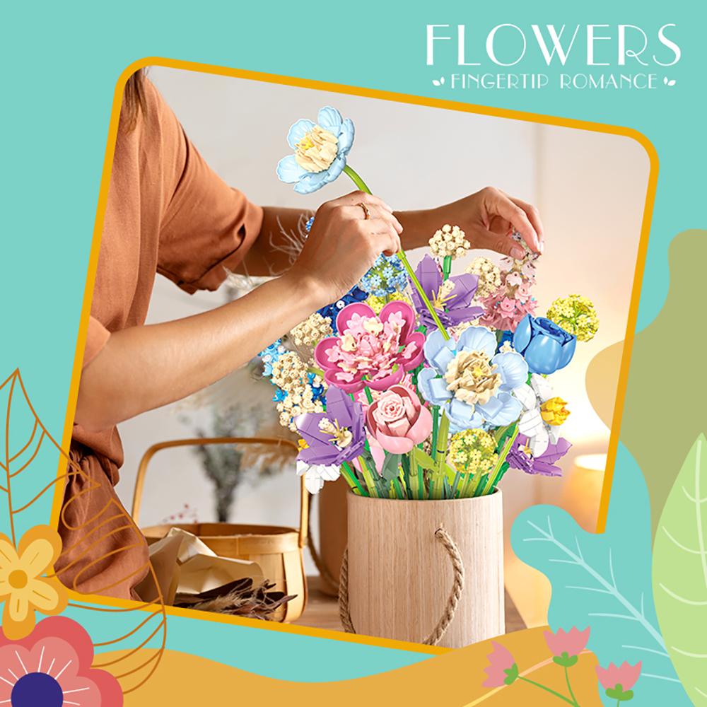 Romantisk Blomsterbukett Byggklossar Set - DIY Röd Ros, Blå Ros, Orkidé i Vas, Alla Hjärtans Dag-present med Krukväxt Lavendel