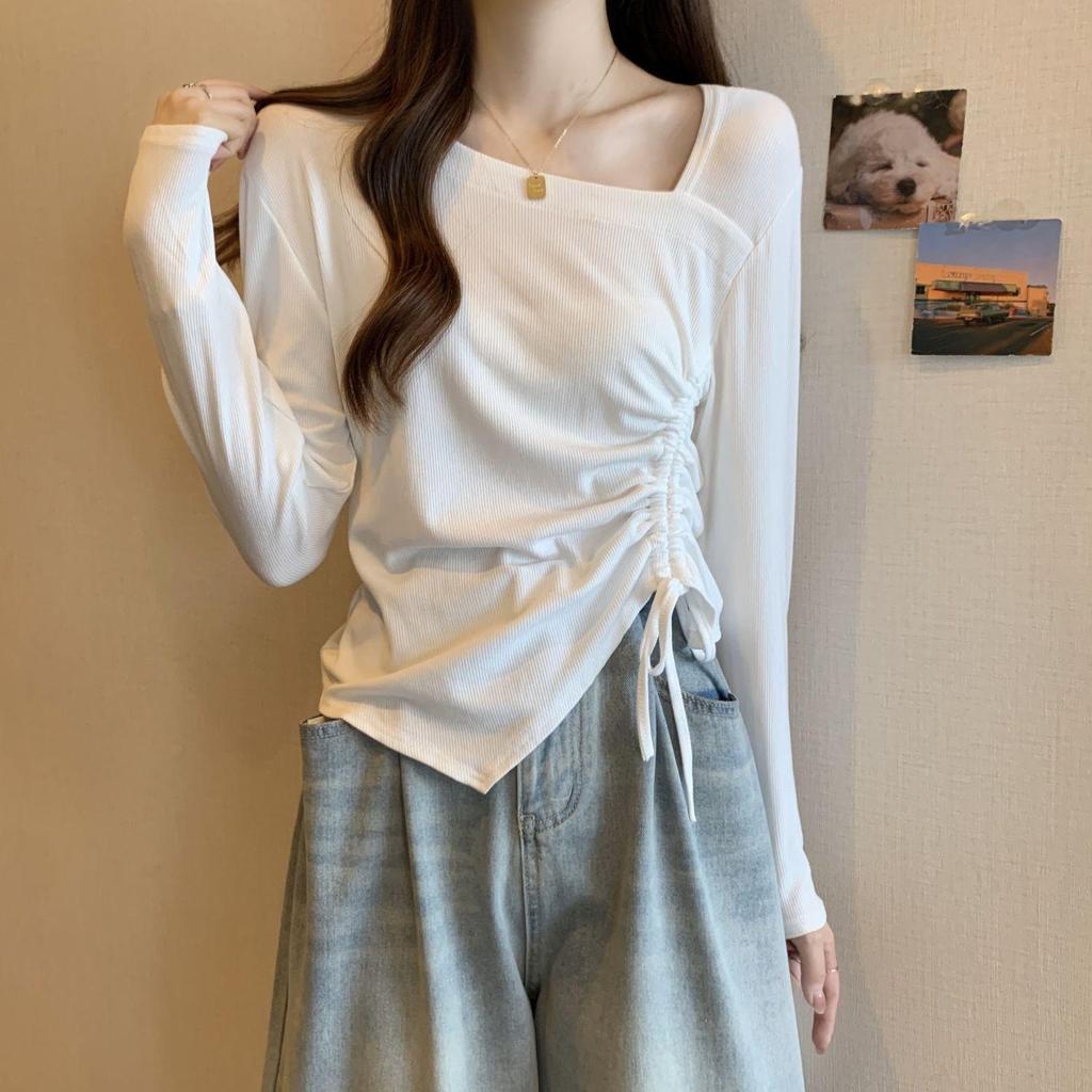 Damen Übergröße Langarm Oberteil mit quadratischem Ausschnitt und Raffungen - Schlankmachender koreanischer Stil Herbstmode