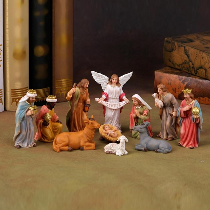 Christmas Nativity Figurines Holy Family Figure with Donkey Nativity Figure,Table Ornament Religious Christmas Decors