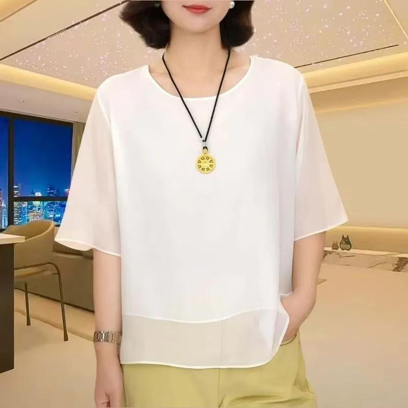 Women Round Neck Batwing Sleeve Chiffon Blouse L