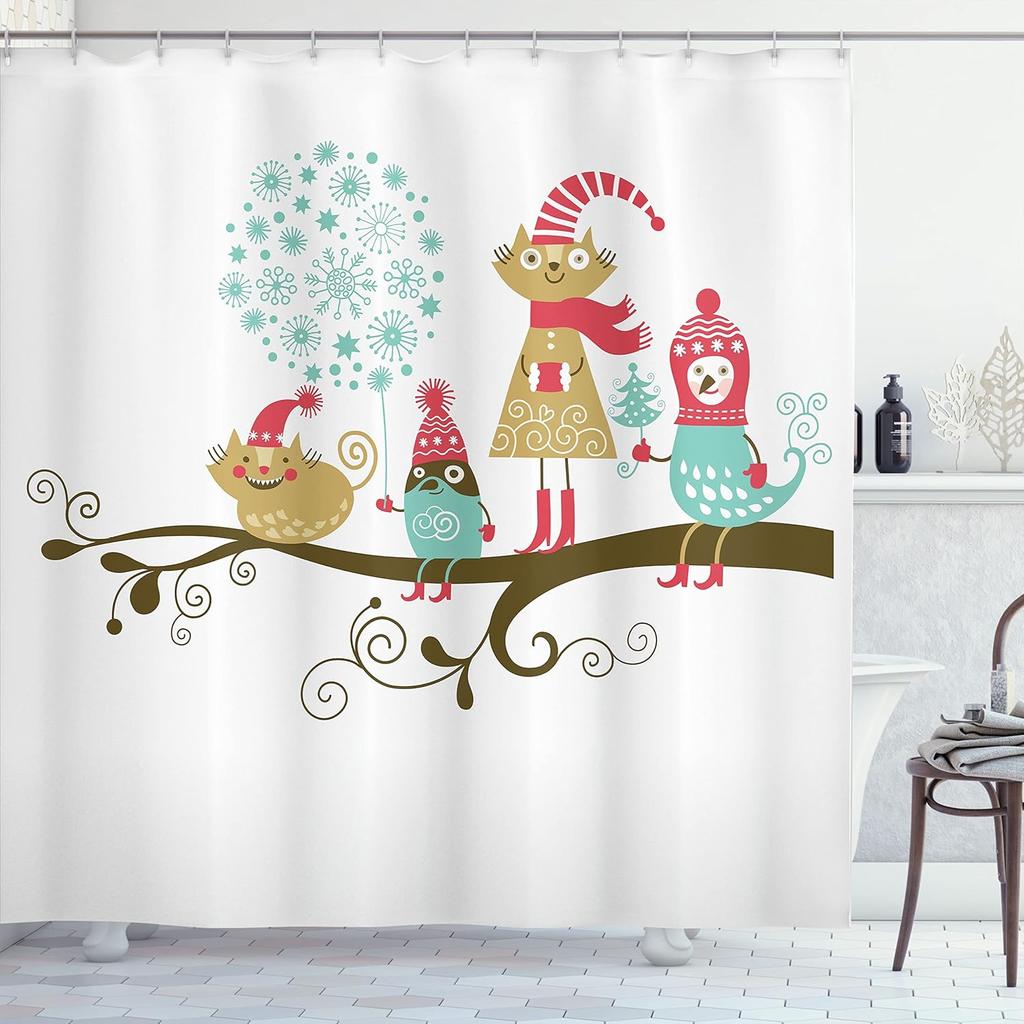 Rideau de douche de Noël, Boules Style Vintage Design Célébration Saison Hivernale Thème Merveilleux Flocons de neige, Tissu Tissu Salle de bain