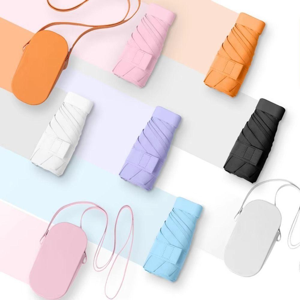 Five Fold Portable Sunshade Umbrella Sling PU Leather Case Hand Operated Parasol  Women