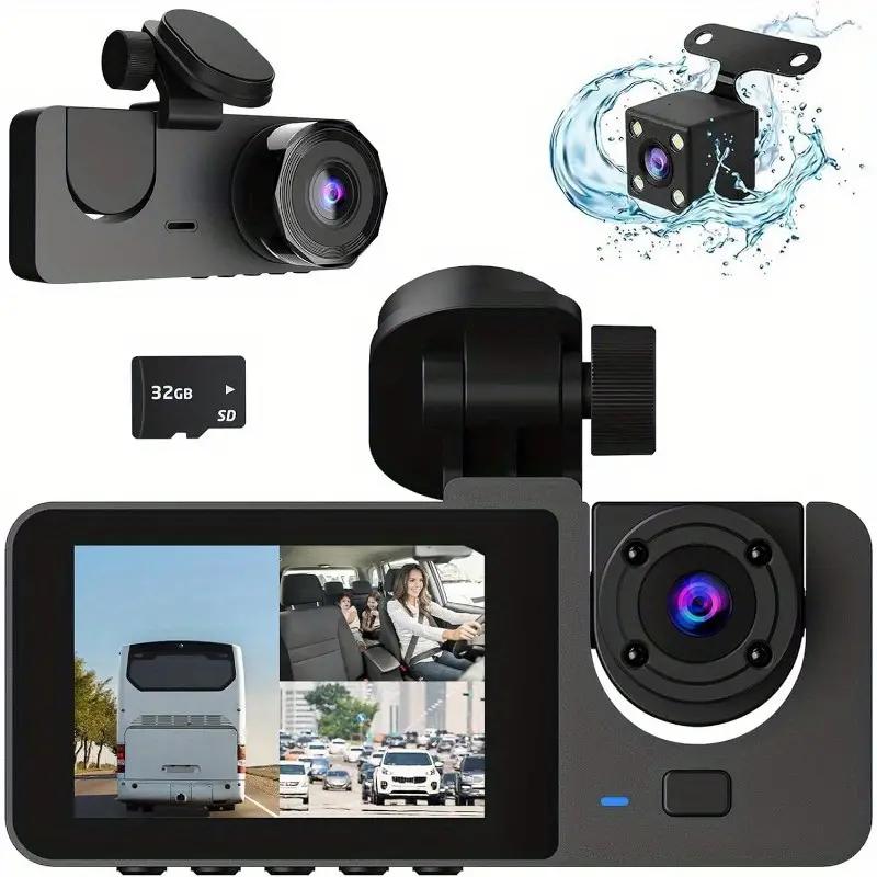 DVR para automóvil HD 1080P con 3 lentes para tablero de instrumentos, cámara de tres vías, grabadora de video, videocámara para tablero de instrumentos, pantalla IPS de 2.0 pulgadas y cámara trasera
