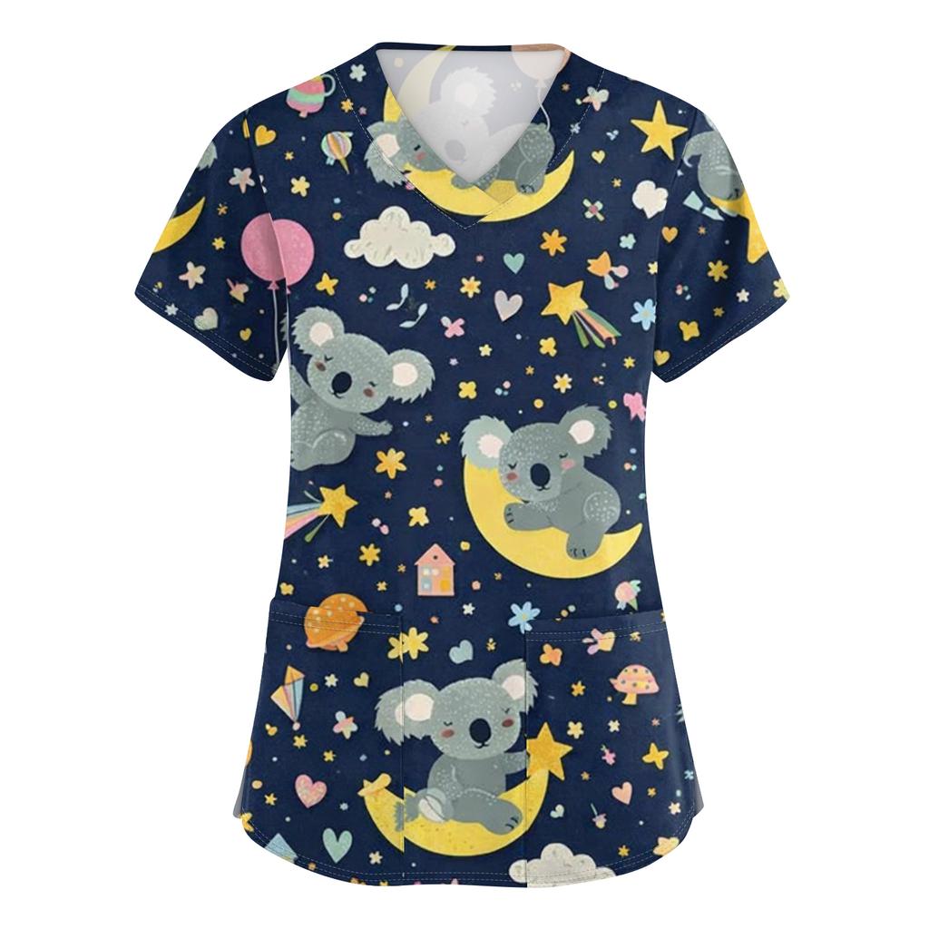 Women's Casual Short-Sleeve Cute Animal Print V-Neck Pocket Workwear Top