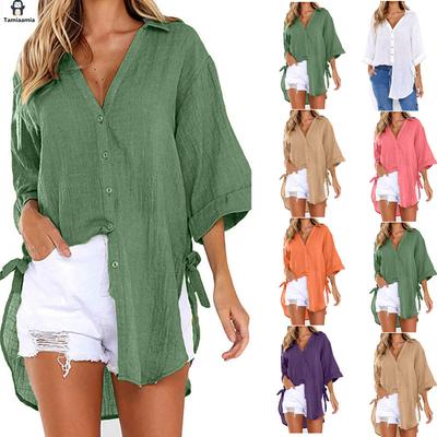 Women Lace-up Button Lapel Shirt Loose Side Knotted Long Sleeve Shirt