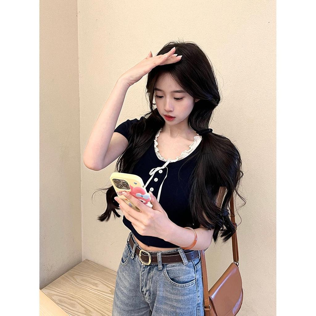 Summer new bow lace fake two-piece short-sleeved t-shirt slim-fit short gentle style chic top trendy