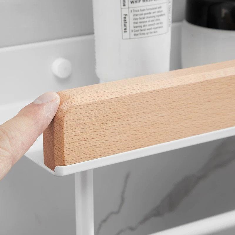 White Aluminum Bathroom Shelf Solid Wood Shower Storage Shelf Wall-mounted Toilet Shower Holder Rack Bathroom Accessories