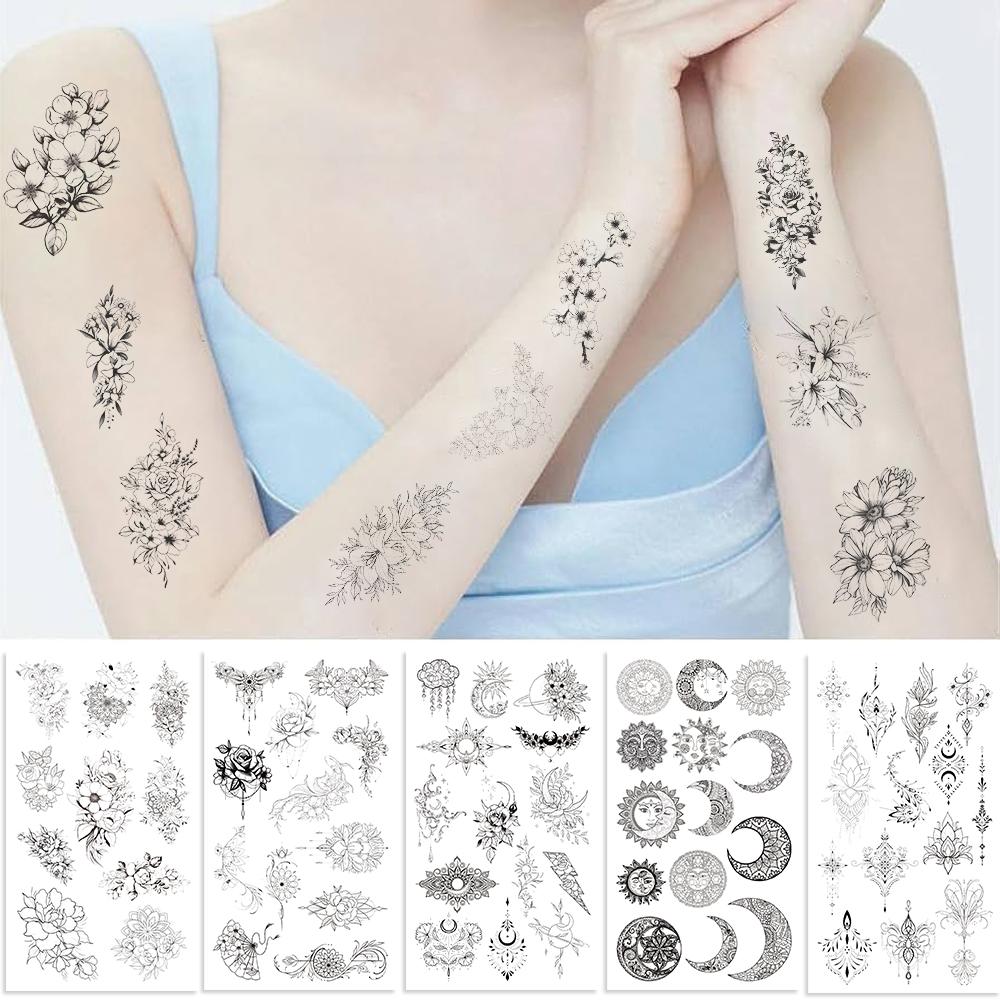 10 Sheets Black And White Tattoo Stickers Insects Flowers Butterflies Moon Patterns Durable Waterproof Temporary Tattoo Stickers