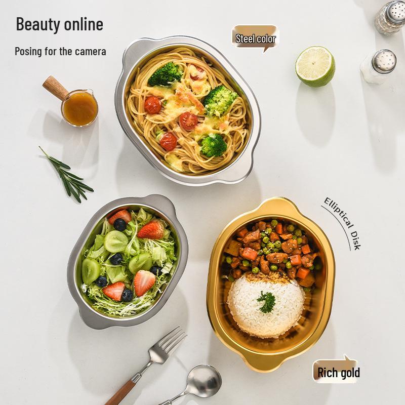 Korean Stainless Steel Oval Ramen Bowl & Salad Plate Combo for Cooking and Serving.