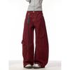 Jeans Femme Rouge Vintage Taille Haute Coupe Droite Pantalon en Jean Y2K Hip Hop Streetwear Jambe Large Pantalon en Jean Classique