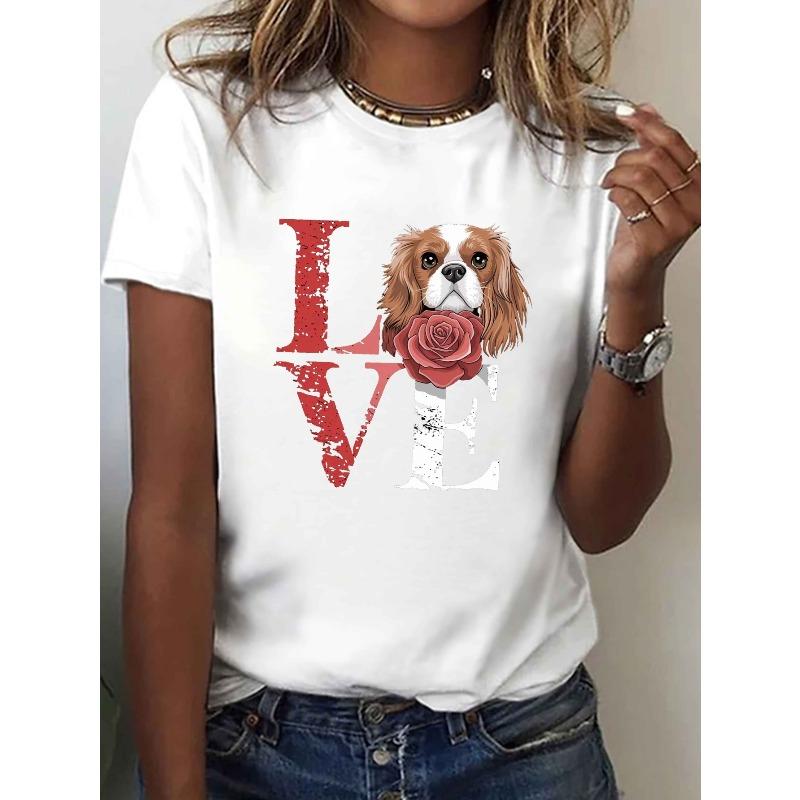

LOVE with Cavalier King Charles Spaniel Print T-Shirt, Short Sleeve Crew Neck Casual Top for Summer & Spring, Women S Clothing S белый