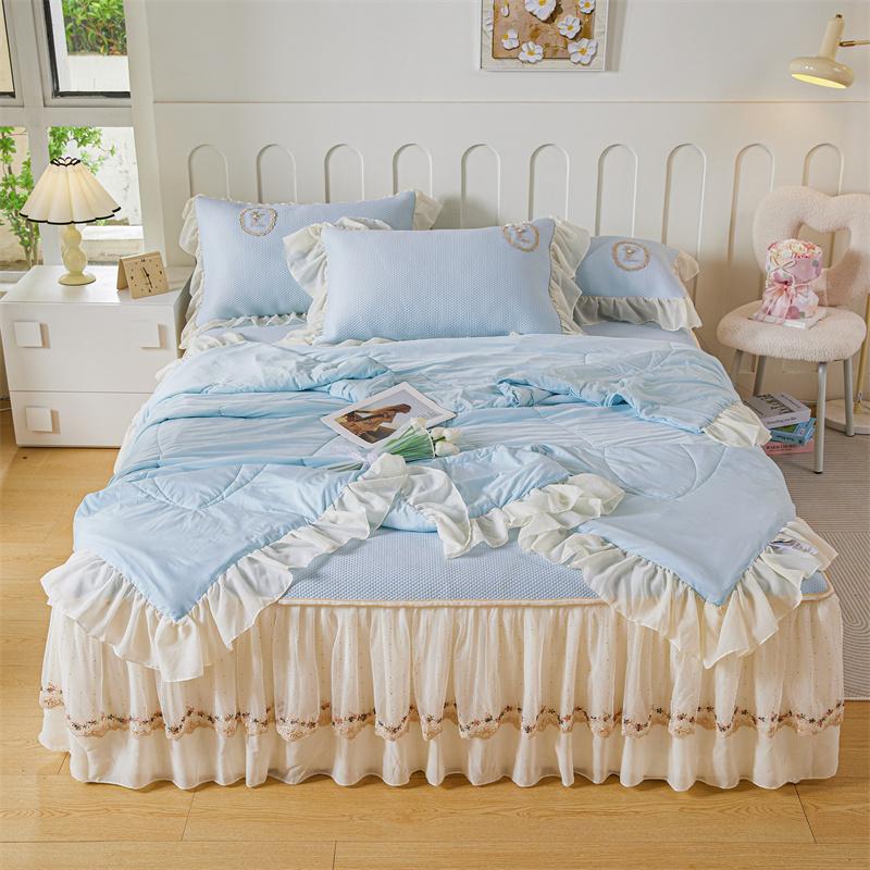 Romantic French Lace Ruffle Bed Skirt Ice Silk Cool Mattress Cover With Summer Quilt Pillowcases