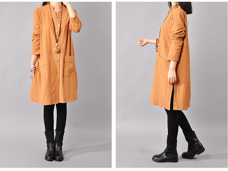 2025 Spring Korean Plus Size Women's Cotton Linen Shirt Dress with Half-Open Collar and Long Sleeves