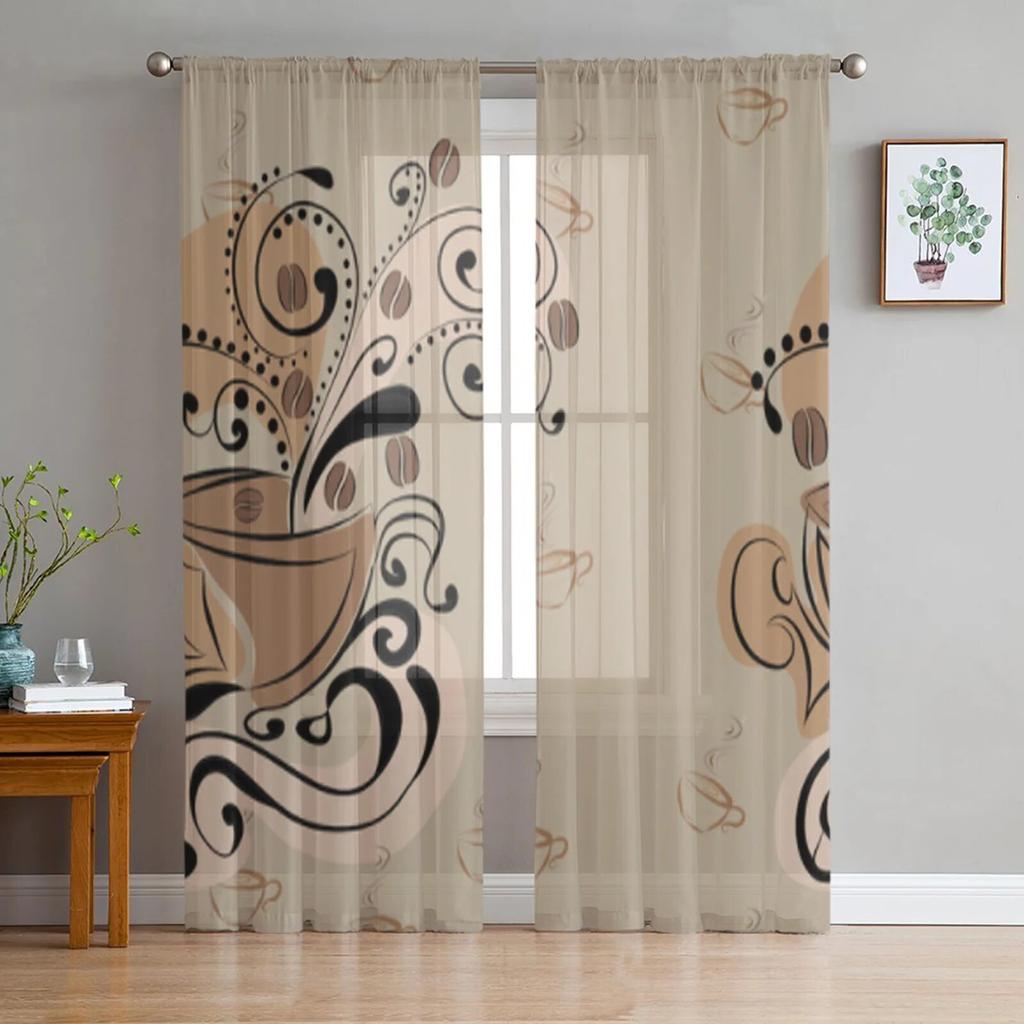 Coffee Tulle Curtains For Living Room Decoration Modern Chiffon Sheer Voile Kitchen Curtain