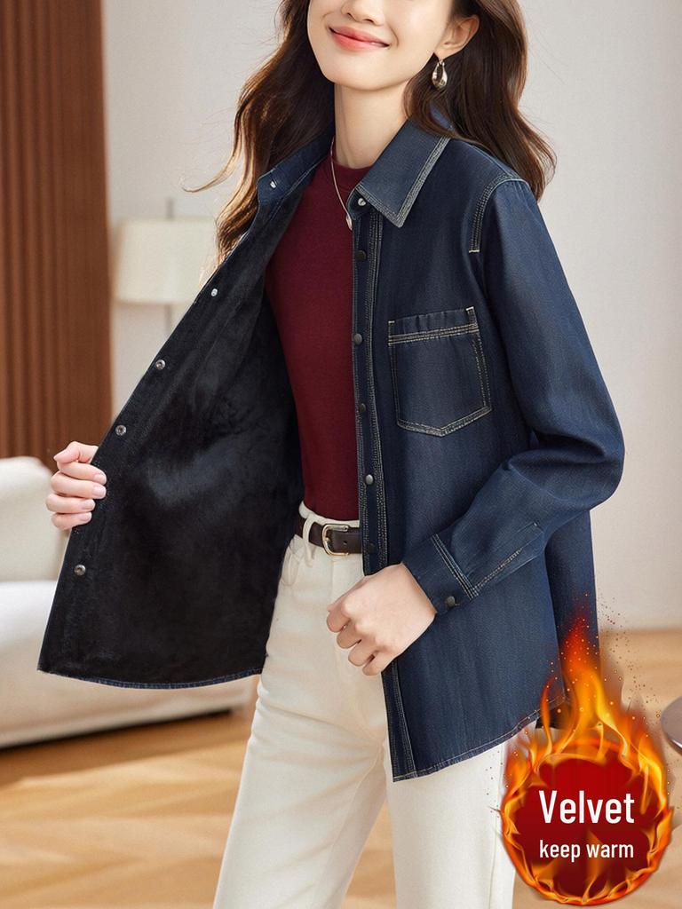 Women's Velvet-Lined Denim Shirt Jacket - Spring 2026 Topstitch Design