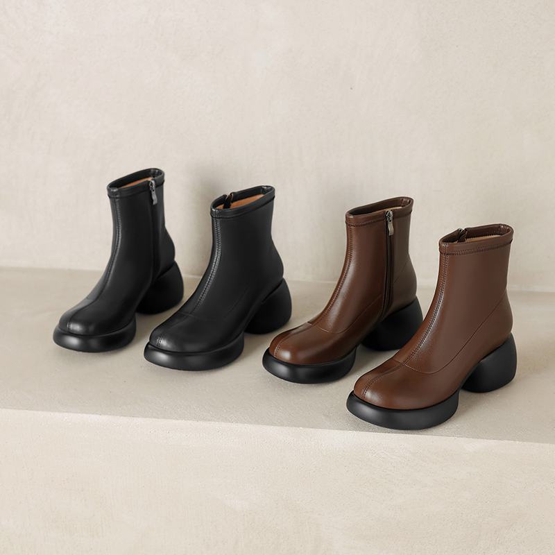 Krazing Pot Microfiber Winter Round High Heels Western Boots Women Zipper Size 43 Street Wear Platform Ankle Boots