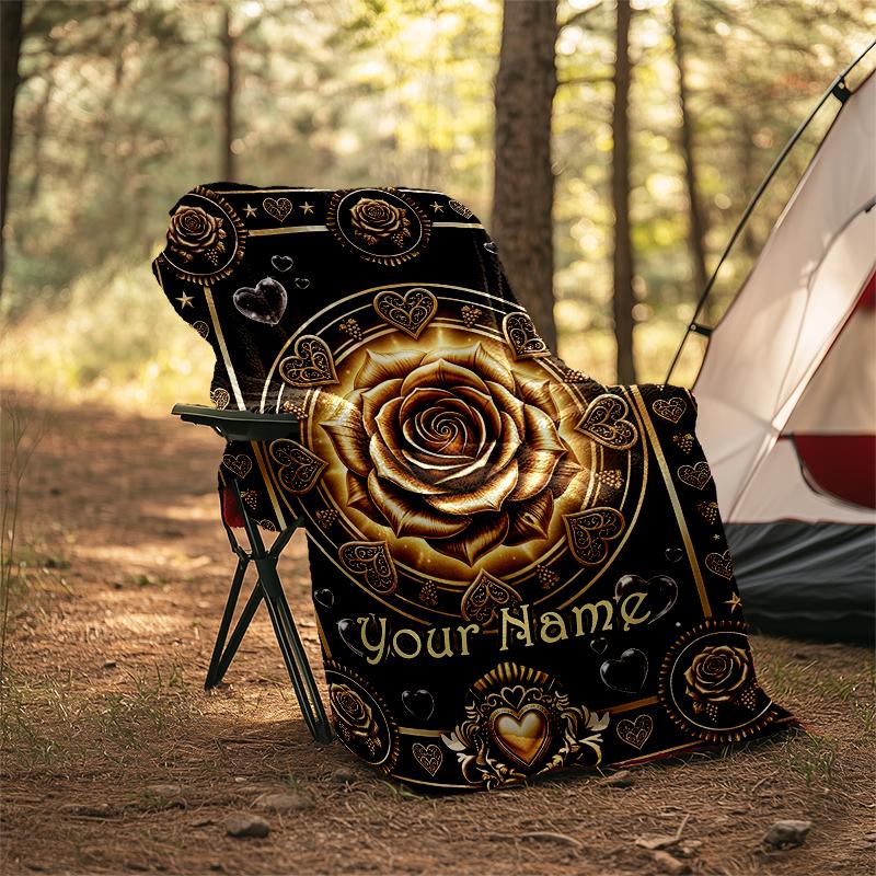 1PC Custom Name Golden Rose Romance flannel blanket versatile,all-season throw suitable for the living room,bedroom,camping,travel,and gift