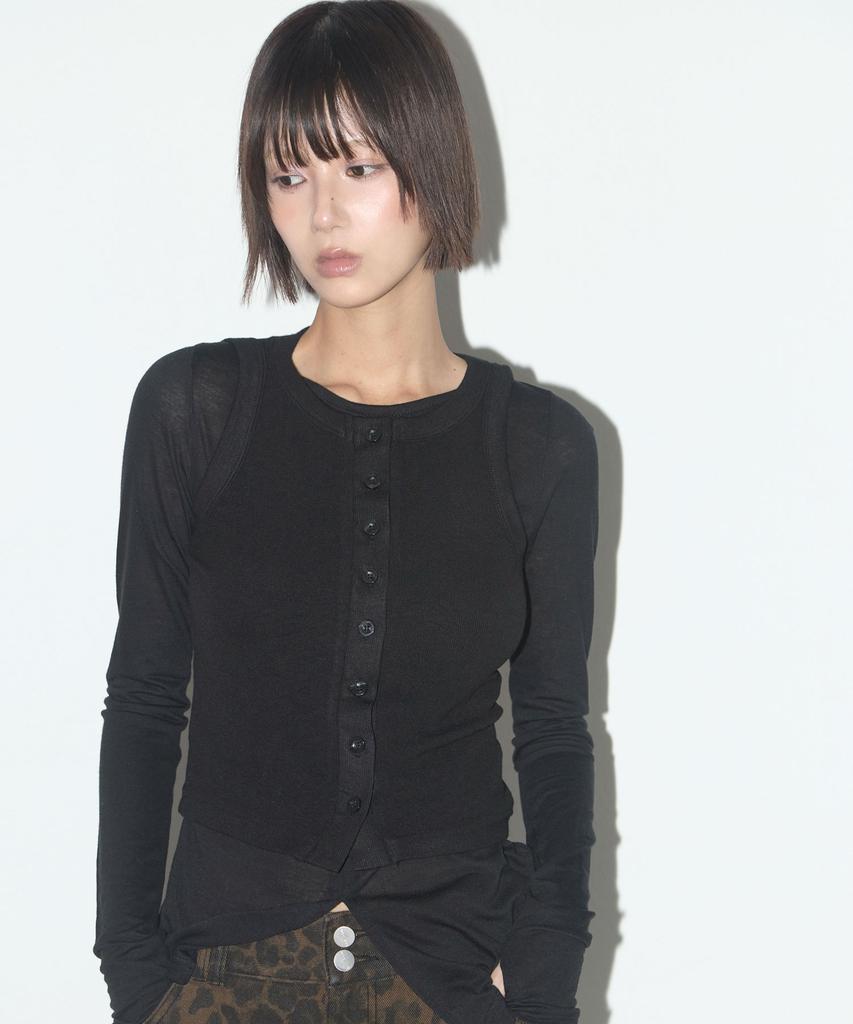 FANCY CLUB Three-Way Button Layered Long Sleeve (Black)_F25Qb079