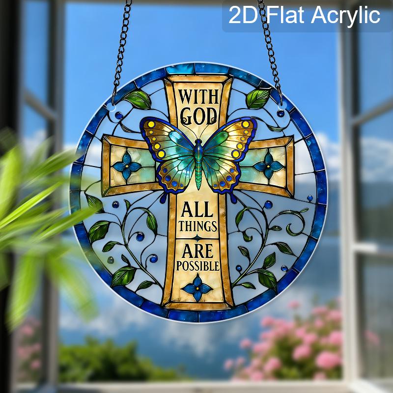 Acrylic Cross Butterfly Suncatcher Stained Glass Effect Window Hanging Ornament Religious Decor for Home