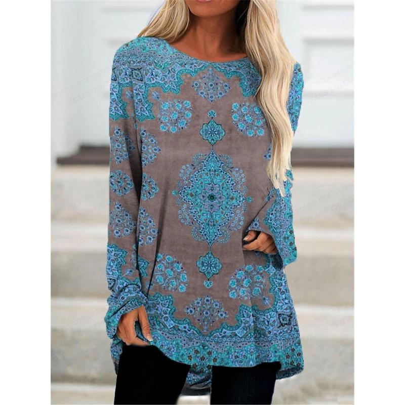

Футболка с графическим принтом Винтажная футболка 3D Футболка с длинным рукавом Женская футболка Длинная футболка Женские туники Топы Этнические топы Футболки Женские осенние 6XL