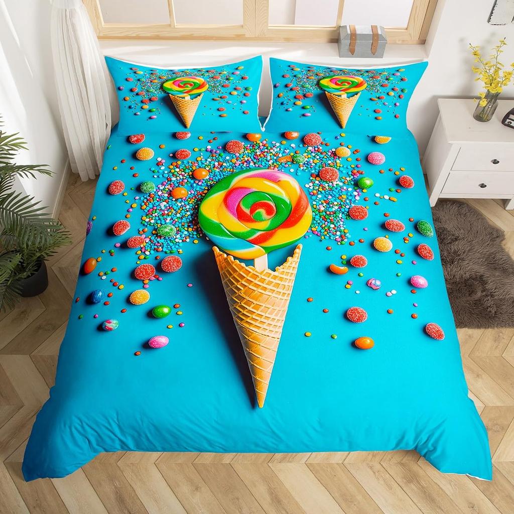 Rainbow Lollipop Duvet Cover for Kids Boys Girls Queen Lightweight Quilt Covers Sweet Themed Bedding Set Room Decor No Comforter