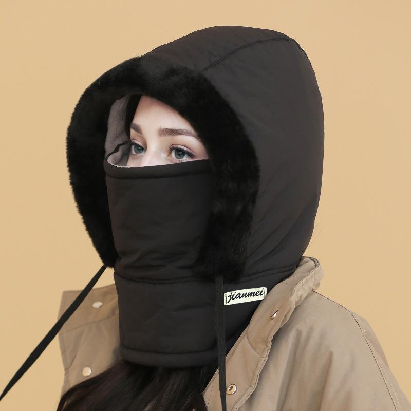 Warm, velvet, thickened, cold-proof mask, scarf, integrated hat for women's winter new Lei Feng hat, windproof cycling bag head hat