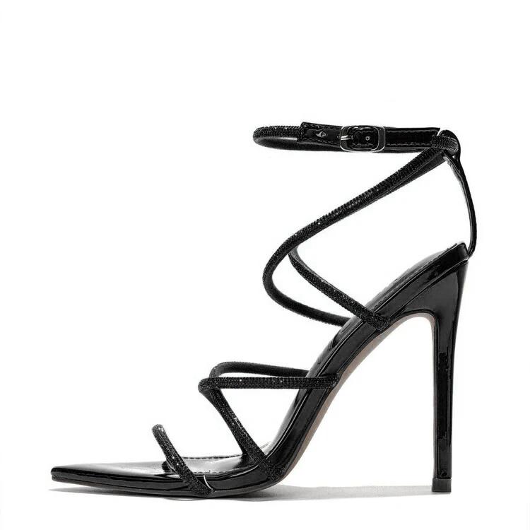 Fashion Solid Color Rhinestone Chain Cross Tie Toe Exposed Toes Sandals European American Hollow Sexy Pointed Party Sandals Size 35-44