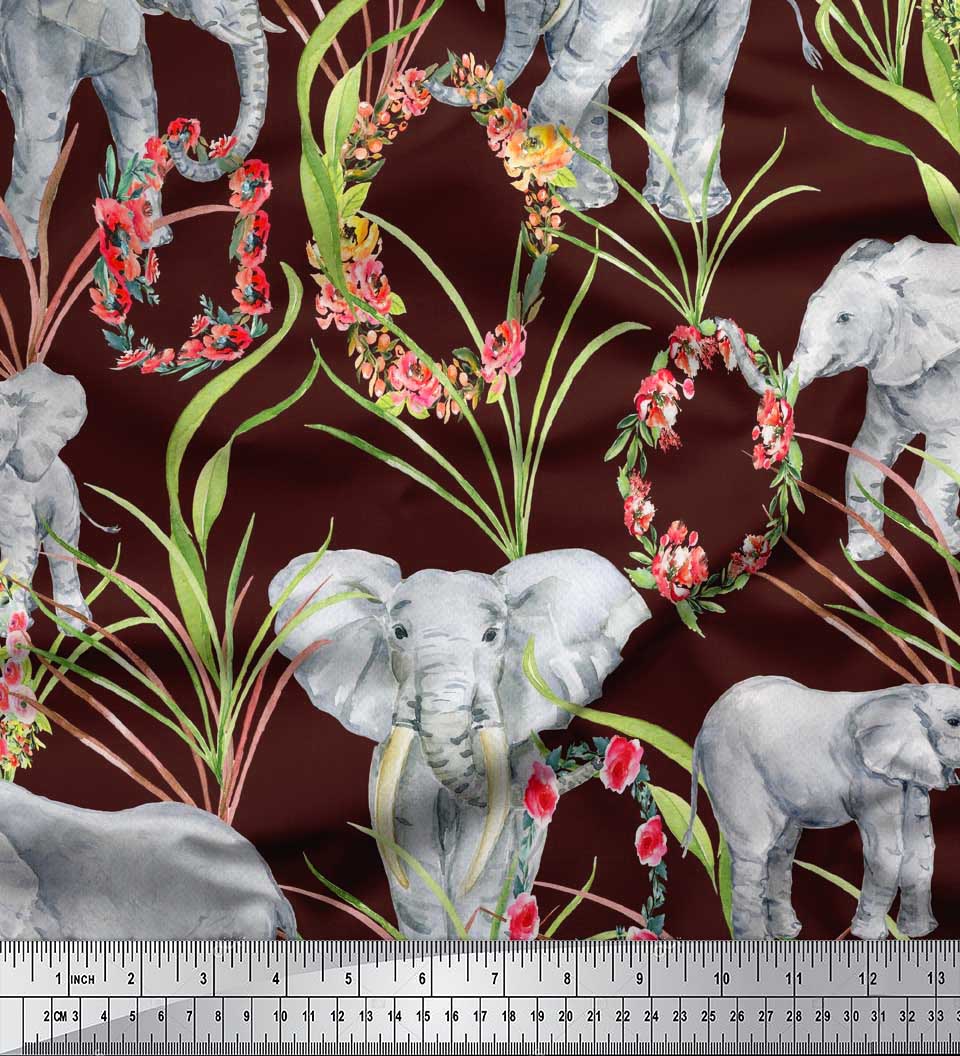 

Тканина Soimoi Japan Crepe Satin Leaves, Floral Wreath & Elephant Jungle Print Тканина на метр 42 дюйма 42 Inch Wide - Poly Crepe вина червоного кольору