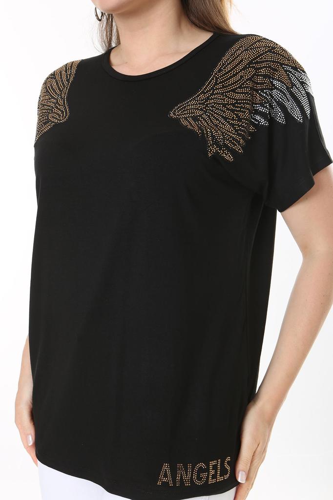 Damen-Bluse in großen Größen, Übergröße, schwarze Angels Stone-Bluse mit kurzen Ärmeln und detaillierten Details