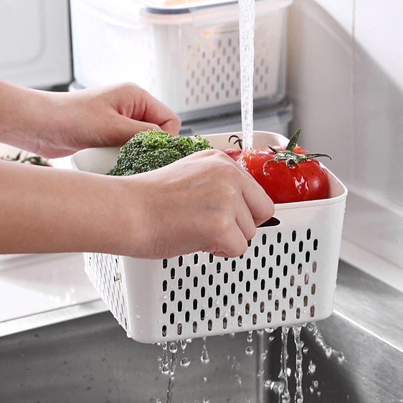 Refrigerator Fruit Vegetable Drain Storage Box, Airtight Lidded Plastic Fresh-Keeping Container, Freezer & Kitchen Food Organizer Bin