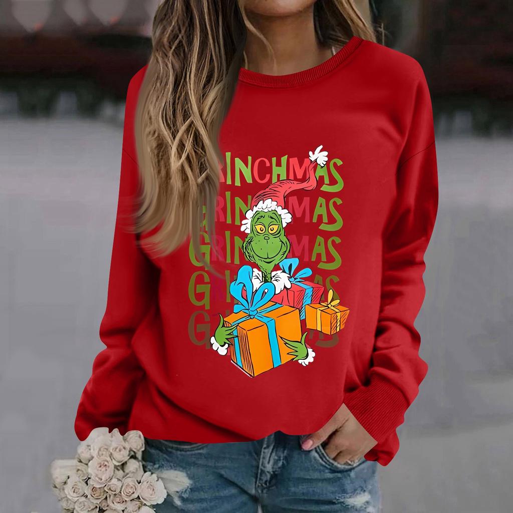 Women's Fashion Casual Long Sleeve Solid Color Christmas Printed Round Neck Top Sweatshirt