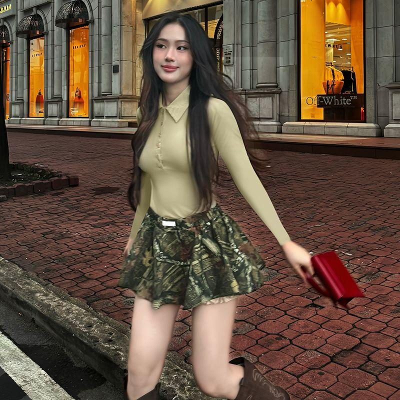 

Gusty Sweet Spicy Chic Fashion All-Match Polo Collar Long Sleeves Tops 2025 Autumn Street Sexy Shoulder Waist-Tight T-shirt Light green S