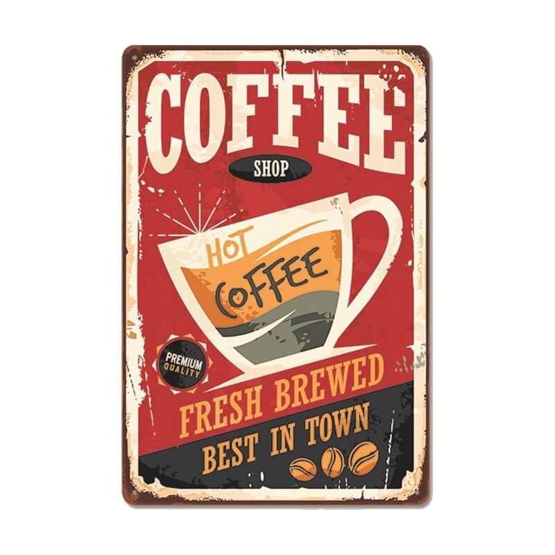 Vintage Fresh Coffee Plaque Metal Tin Sign Retro Drink Coffee Poster Wall Stickers for Cafe Shop Restaurant Home Room Decor