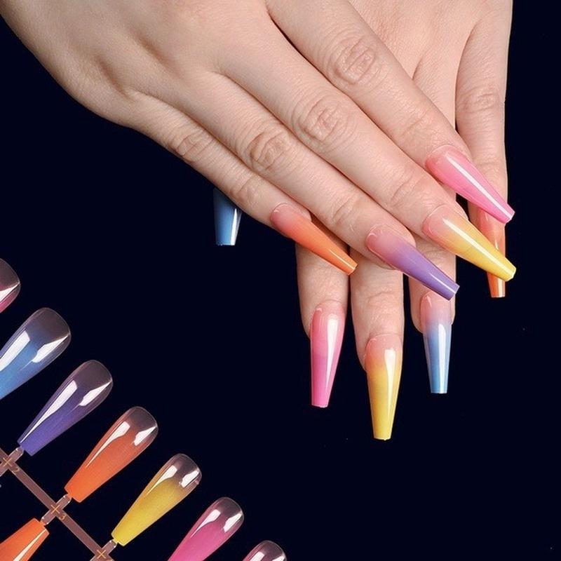 24pcs/bag Long Coffin Fake Nails Rainbow Ballerina Full Cover Nail Art Tips Beauty Artificial False Nails Manicure Charms