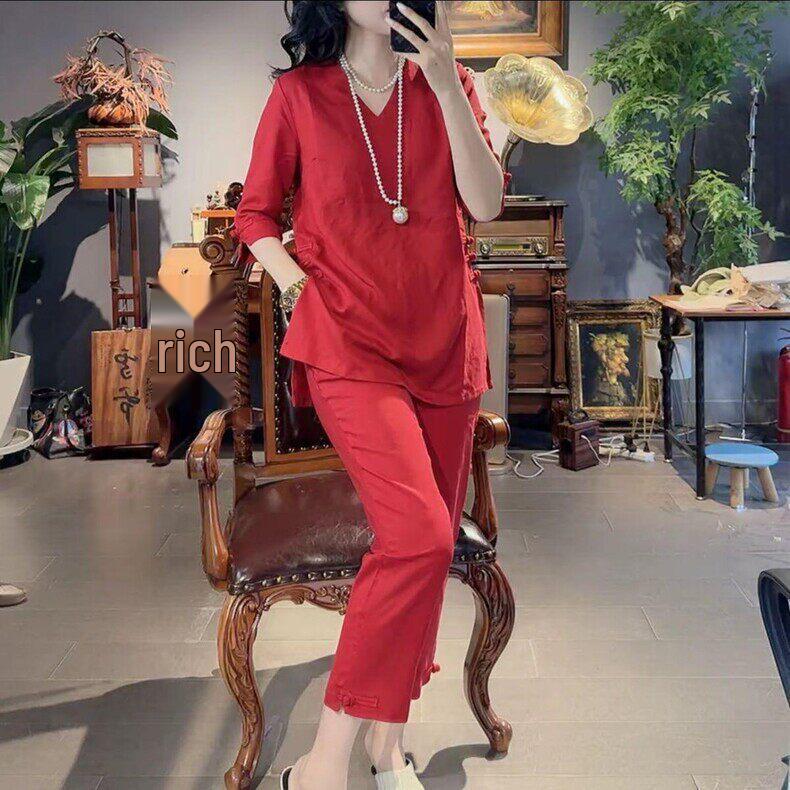 3023 Plus Size Chinese National Style Women's Frog Button Top & Casual Nine-Point Pants Set - Short Sleeve, Split Design for Summer