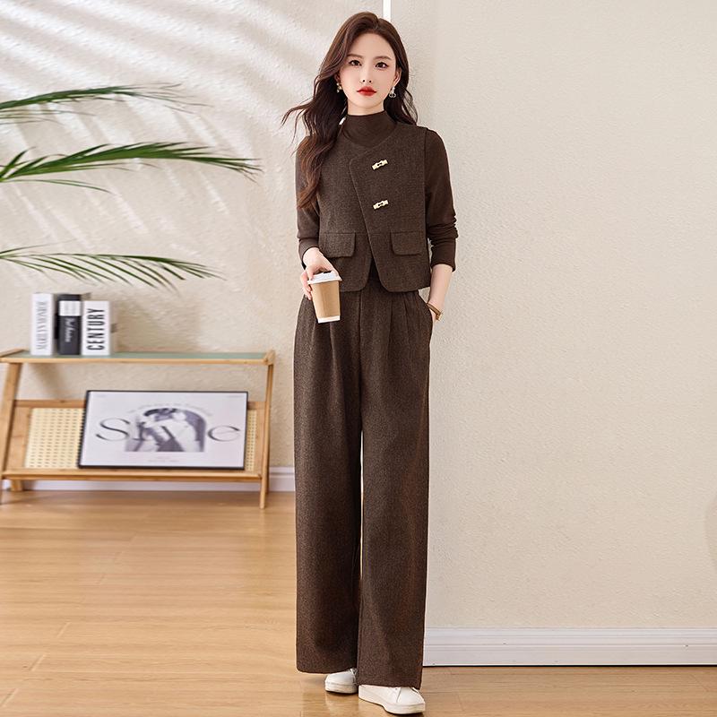 Spring 2025 Women's Fashion Suit: Three-Piece Temperament Vest with High Waist Wide-Leg Pants (ME5501)