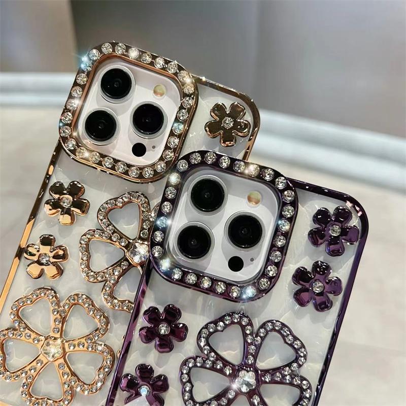 For iPhone 15 Pro Max Luxury Flowers Flash Diamond Plating Frame Phone Case For iPhone 11 12 13 14 16 Plus Soft Rhinestone Cover