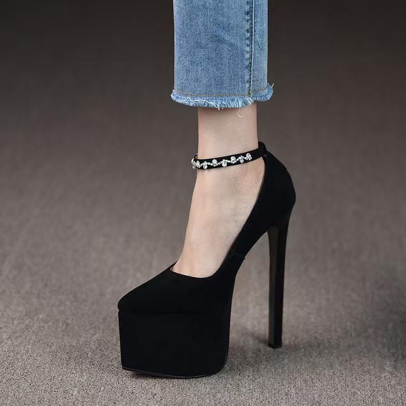 

Stylish Rhinestone Straight Heel Single Shoes Stylish Pointed Toe Shallow Mouth Platform Heels 45