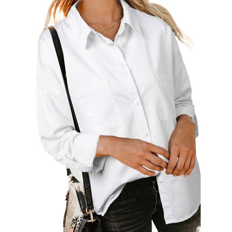 Women's Loose Fit Solid Color Long Sleeve Button Down Pocket Shirts Casual Blouse Denim Style Top