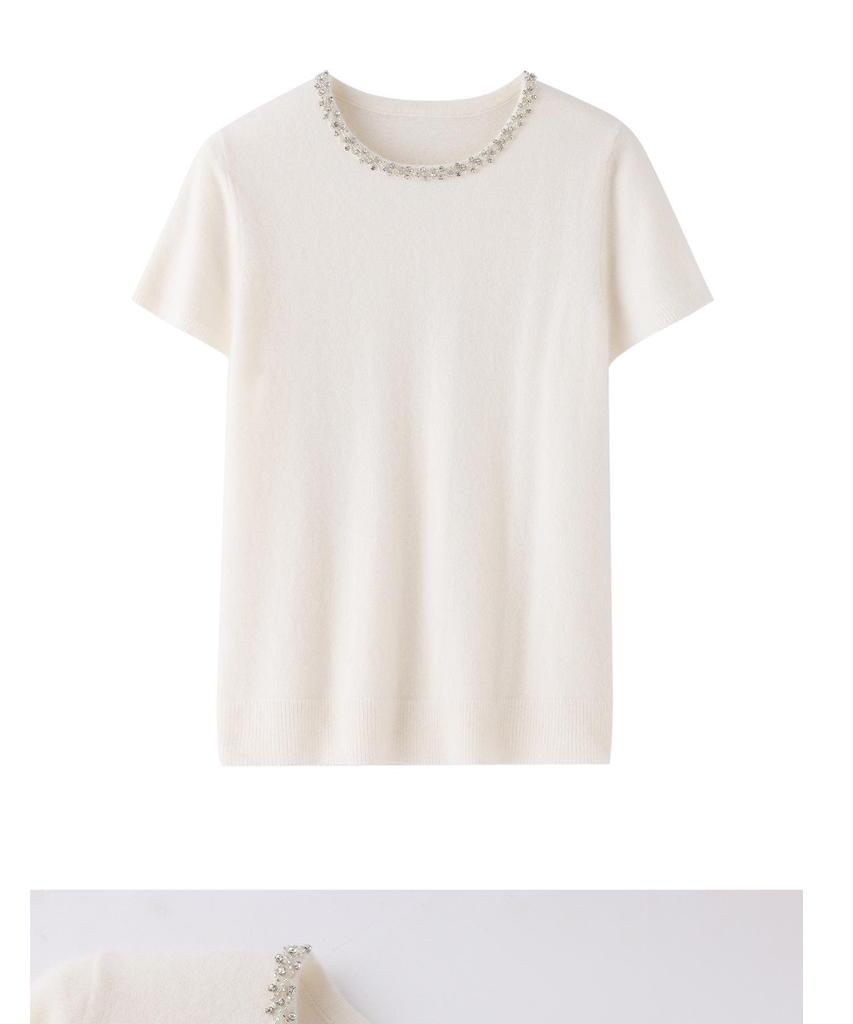 Women's Rhinestone Cashmere Sweater - Short-Sleeved, Skin-Friendly Knit, Round Neck, Perfect for Autumn/Winter.