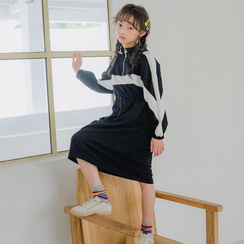 Spring/Autumn 2024 Girls' Casual Patchwork Stand Collar Long Sleeve Dress for Parent-Child