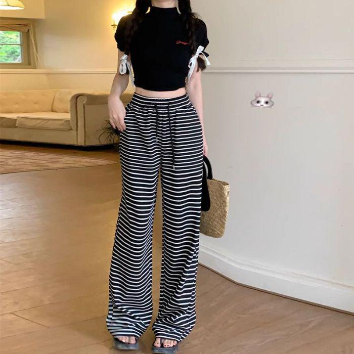 

Women s Black and White Striped Casual Wide-Leg Pants - Autumn Style, Elastic Waist, Loose Fit XL