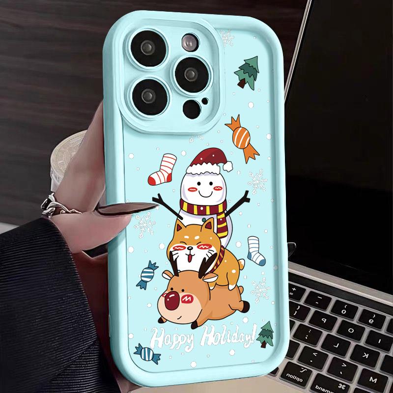Hülle mit Weihnachtselch-Schneemann-Muster für iPhone 16 Pro 15 14 Plus 13 12 11 Pro Max Xr Xs X 8 7 Linsenschutz, weiches TPU, stoßfest, einfarbige Abdeckung
